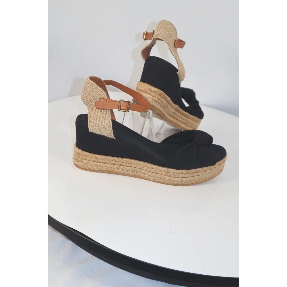 Tory Burch Knotted Bow Espadrille Wedge Sandals Black/Tan Leather Strap Size 10 - Picture 6 of 10